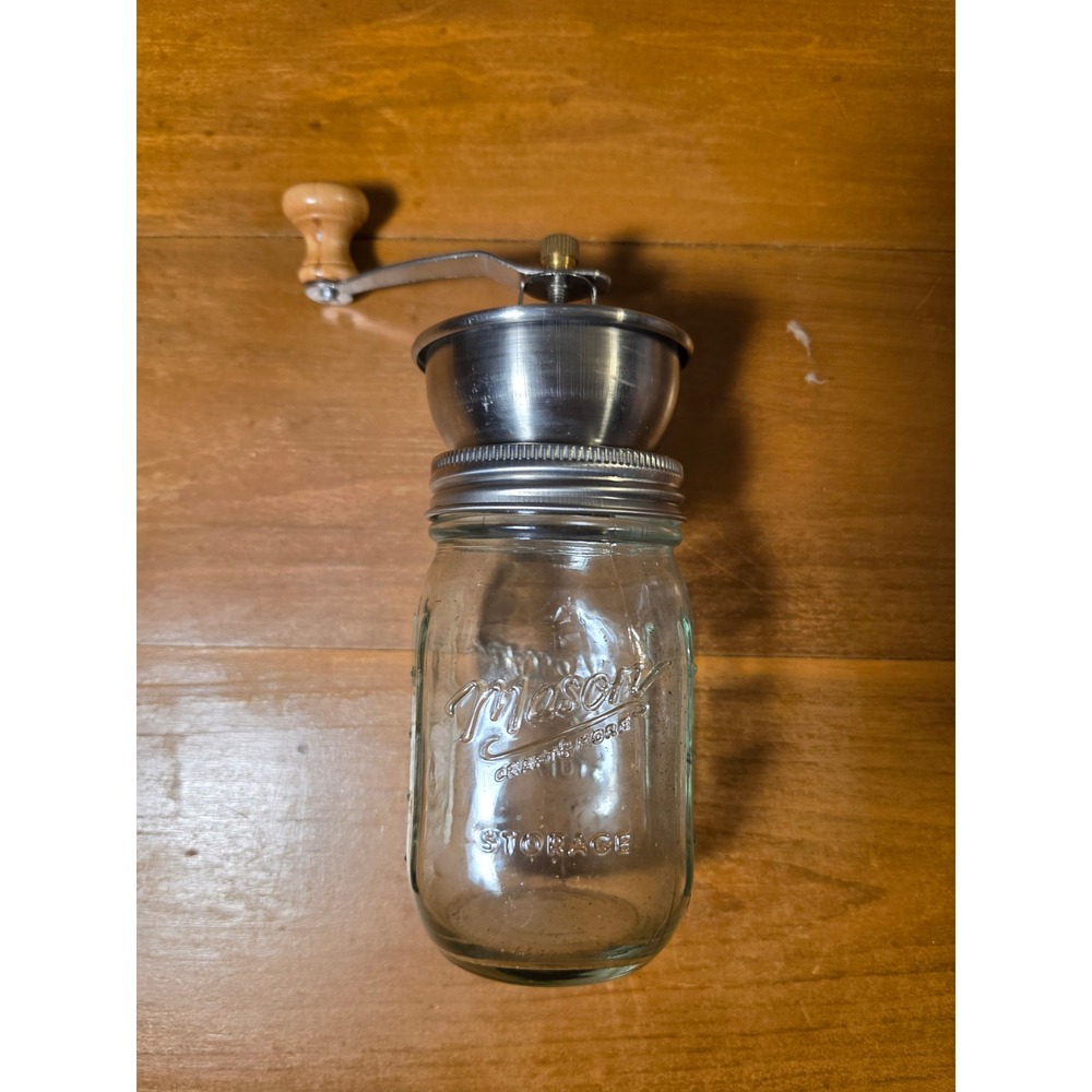 Manual Coffee Bean Grinder Mason Jar Glass Storage Hand Crank Burr Mill Silver